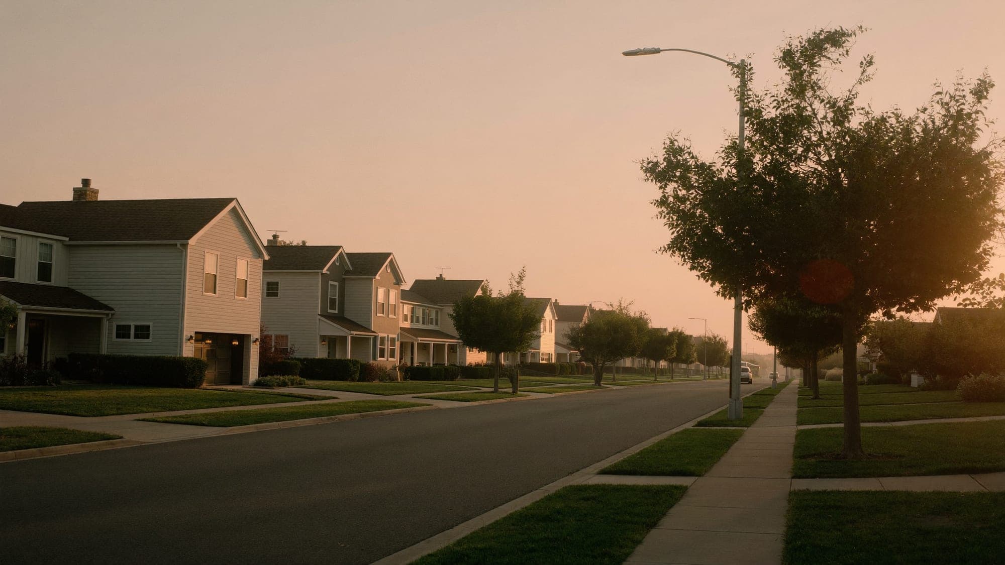 A neighborhood of local businesses at golden hour