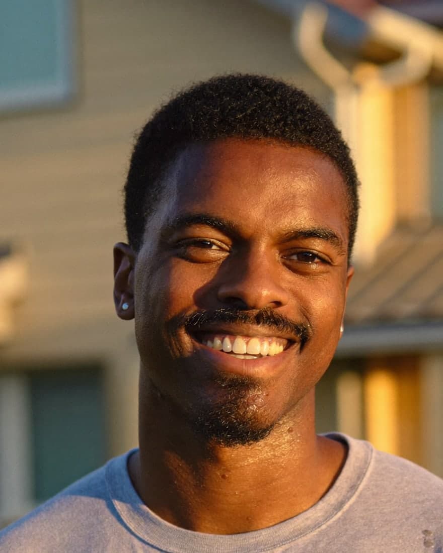 A professional house painter in front of a freshly painted home at golden hour